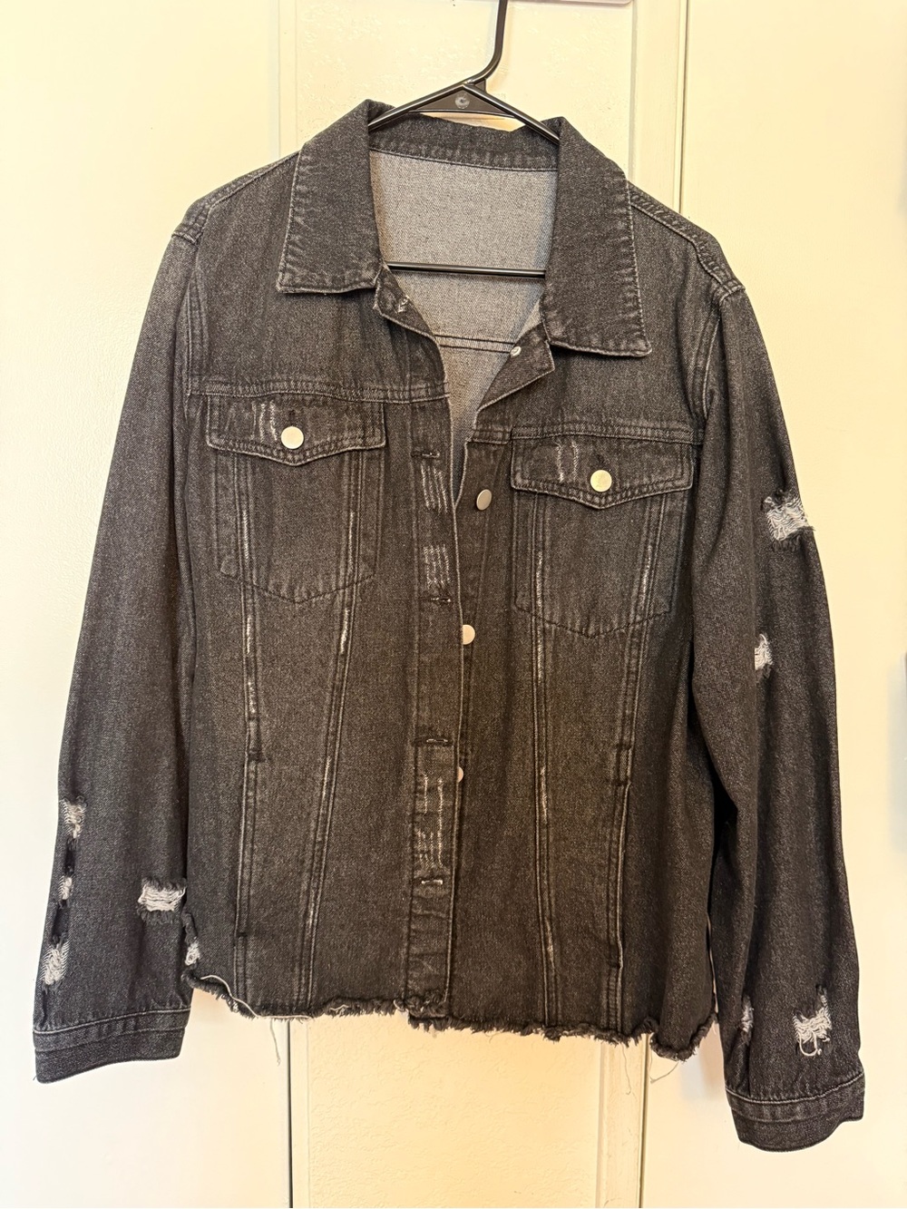 Amazon Essentials Black Distressed Denim Jacket